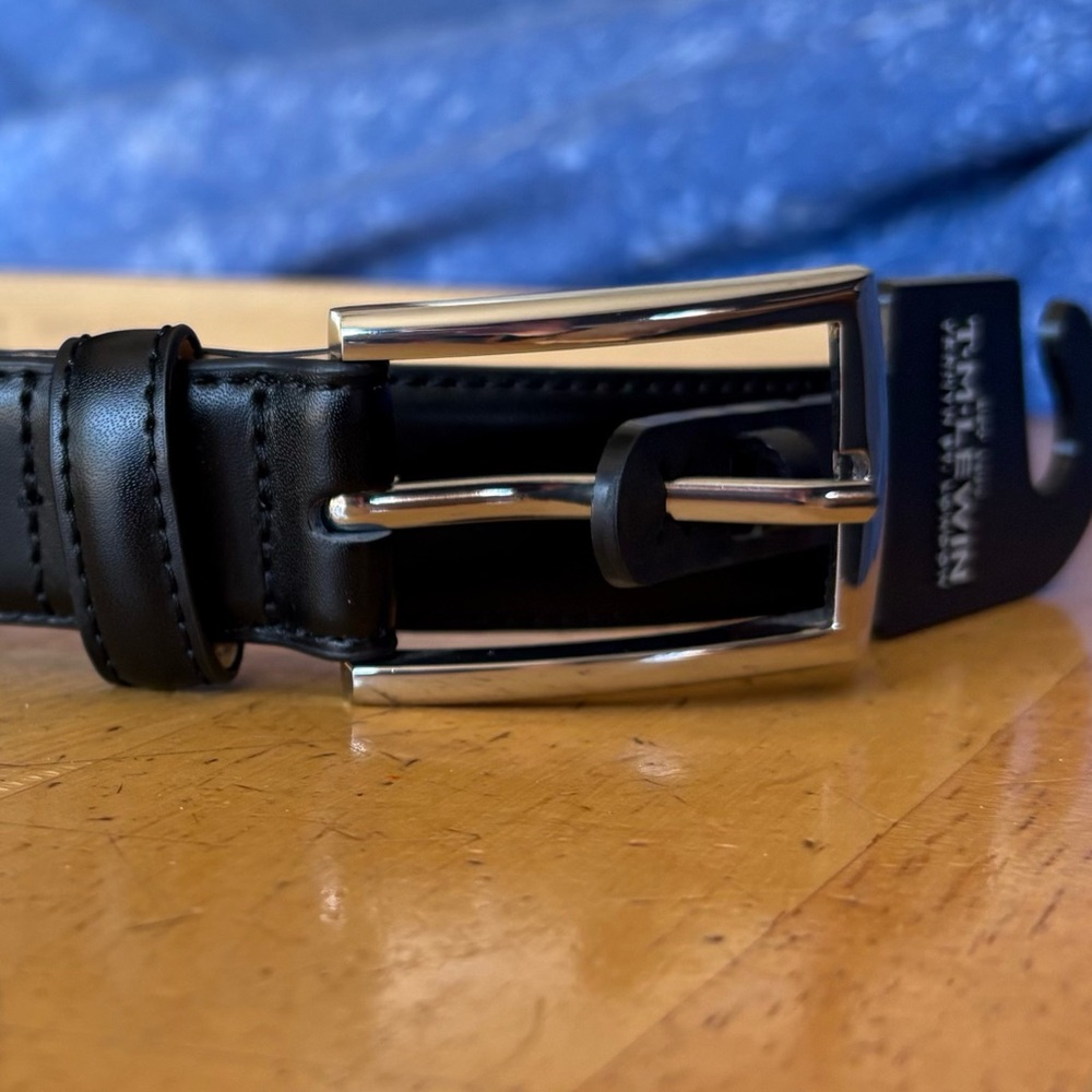 T. M. Lewin Black‎ Leather Belt Size 32/86 Silver Buckle NEW Jermyn St London